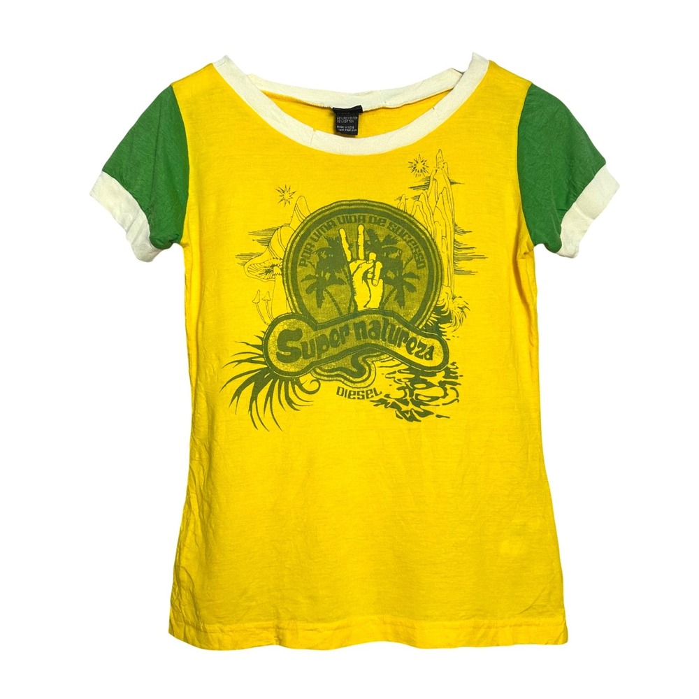 Vintage 90's Diesel Super Natureza Ringer T-Shirt Yellow Green Graphic Tee Y2K M